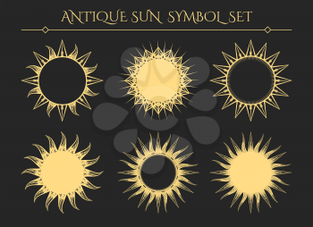 Sun symbols. Vintage starburst mystical icons or spiritual geometry star logo signs