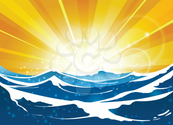 Shiny sun seascape vector illustration. Cartoon sunrise or sunrise at sea for travel posters and summer banners