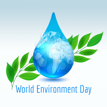 Earth drop with green leaves. World Environment Day concept, vector illustration