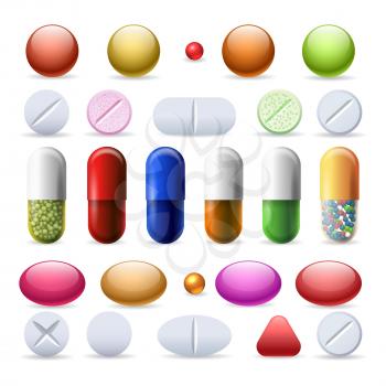 Pill and tablets. Medicine and capsule, tablet and vitamin pill vector set isolated on white background