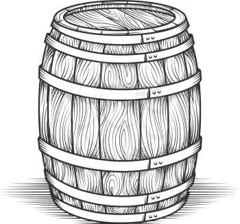 Engraving barrel. Black engraved vintage barrel with wood texture, oak old style cask vector illustration