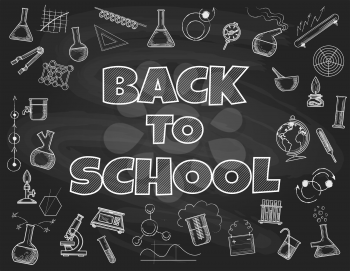 Chalk board back to school background. Schools blackboard doodles drawings banner, education or learning start vector concept
