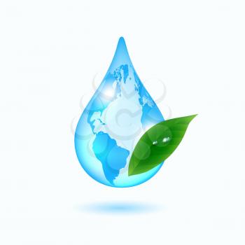 Earth drop with green leaf on white background. Vector illustration
