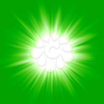 Green flash star background, white light rays vector illustration