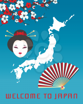 Welcome to Japan poster template. Vector illustration with map of Japan, face of geisha, paper fan and sakura cherry blossom