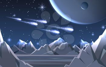 Space planet surface landscape. Vector cold moon background with lighting comets and alien sky, blue cosmos satellite desert with rocks ground futuristic cartoon illustration