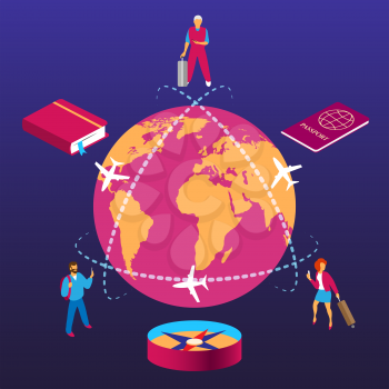 Globe trip travelling. Isometric world travel concept, international tourists world global traveling or around earth connection trips vector illustration design