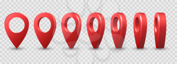 Map 3d pins. Location points vector shapes on white for maps and navigation apps, red geolocation markers, place mark icons, cartography and traveller interest symbols