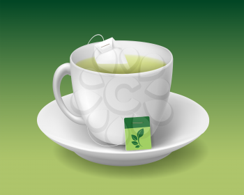 Realistic green tea cup. Front view hot greentea drink in white ceramic mug with teabag for relaxing vector illustration