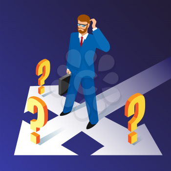 Businessman standing on crossroads. Business crossroad directions and male person with questions symbols, select path or choice way concept vector illustration