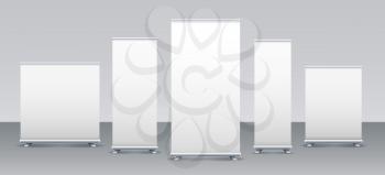 Empty rollup banners. Store or exhibition white banner front view mockups, event bannerstands vector image, business display or promotion board set