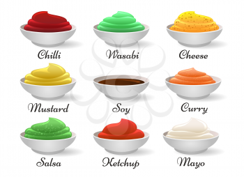 Dip sauce bowls. Guacamole and salsa dippings, mayo and tomato organic sauces for snacks cartoon vector illustration