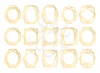 Cards design geometric golden frames. Simple gold frame textures for wedding card or decorative invitation, vector line vintage ornate border shapes elements