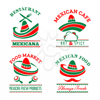 Isolated mexican restaurant logos. Mexcian nachos bar and traditional pepper mustache resturant food logo set, tortilla restauarants labels, soup tequila lime tortilla guacamole salsa