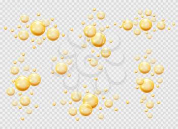 Jojoba oil bubbles. Organic oils fuel drops isolated, vector gold serum bubble set image, skin care macadamia essence perls pills, yellow shiny vesicles patterns