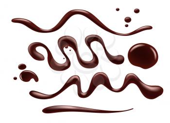 Chocolate syrup isolated. Chocolated sauce swirls, closeup cocoa cream syrups twirls and drops for tasty gourmet confectionery food decoration