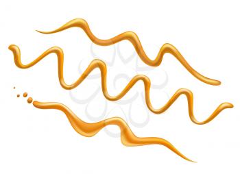 Caramel sauce decor. Realistic brown sugar syrup twirls, vector gold melt caramelized pouring isolated on white background