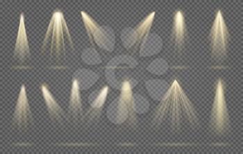 Spotlight rays. Spot light beams, vector scene spotlights, shining abstract lamps for interiors design, decoration flashlight spots glow image
