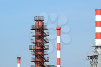 Pipes refinery furnaces and distillation column. The equipment at the refinery.