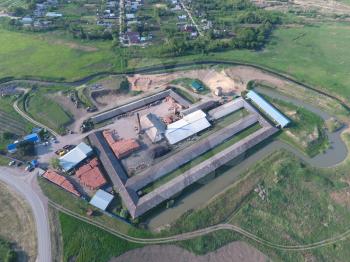 Brick production plant. Top view of a small factory for firing bricks.