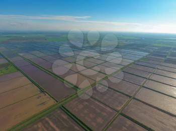 Flooded rice paddies. Agronomic methods of growing rice in the fields. Flooding the fields with water in which rice sown. View from above.