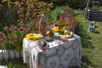 Russia, Ataman - 26 September 2015: An improvised table with moonshine and sunflower seeds. Snack for vodka.