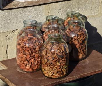 Dried fruits in the three-liter jar. Dried apples, cut into slices.
