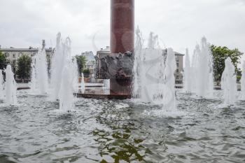 Novorossiysk, Russia - May 28, 2016: Fountain in the basin at the foot of the stele. The city of Novorossiysk. Area General Serebryakov.