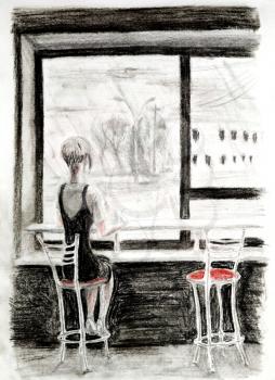The girl sitting on a chair at a bar counter near a window. The illustration drawn with a pencil.