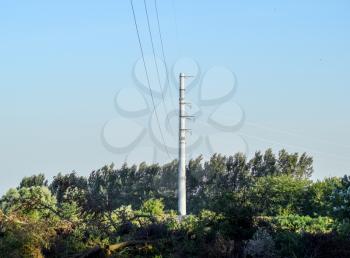 Power line support, insulators and wires. Appearance of a design.