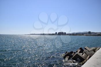 marina and quay of Novorossiysk. Urban landscape of the port city.