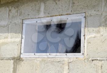 A window made of plexiglas in a concrete wall.