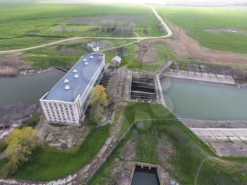 Water pumping station of irrigation system of rice fields. View from above.