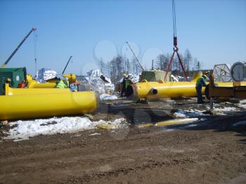 Sakhalin, Russia - 12 November 2014: Construction of the gas pipeline on the ground. Transportation of energy carriers.