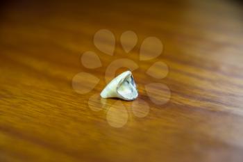 Tooth, metal ceramic crown on the table. Denture made of metal ceramics.