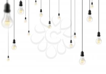 Garland of group lamp light bulbs Illuminated on white background. 3D illustration