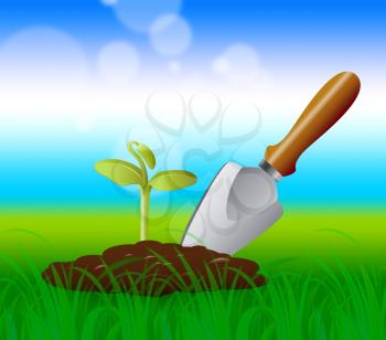 Gardening Trowel Representing Growing Plants 3d Illustration