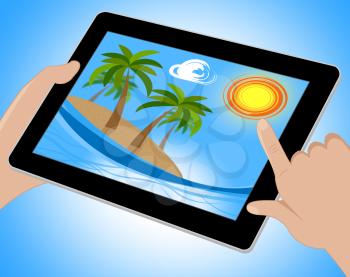 Tropical Island Tablet Showing Exotic Beach 3d Illustration