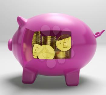 Euros In Piggy Showing Wealth And Success