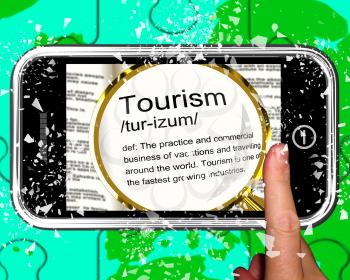 Tourism Definition On Smartphone Shows Traveling Abroad Or Family Vacations