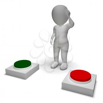 Choice Of Pushing Buttons 3d Character Showing Indecision