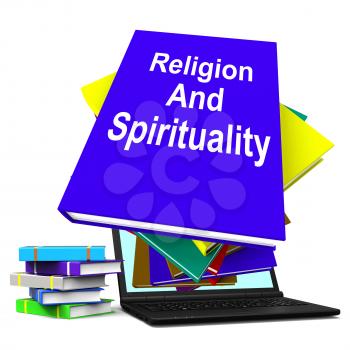 Religion And Spirituality Book Stack Laptop Showing Religious Spiritual Books