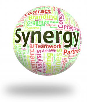 Synergy Word Showing Team Work And Wordcloud