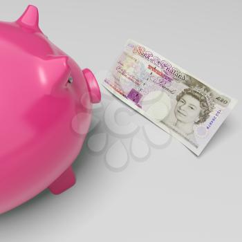 Twenty Pound Note Piggy Showing UK Money