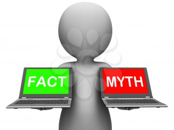 Fact Myth Laptops Showing Facts Or Mythology