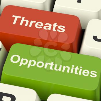 Threats And Opportunities Computer Keys Showing Business Risks Or Improvements