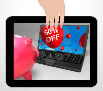 Fifty Percent Off Laptop Displaying 50 Half-Price Savings