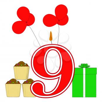 Number Nine Candle Showing Party Decorating Or Birthday Celebrating