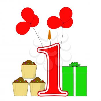Number One Candle Showing One Year Birthday Party Or Celebration