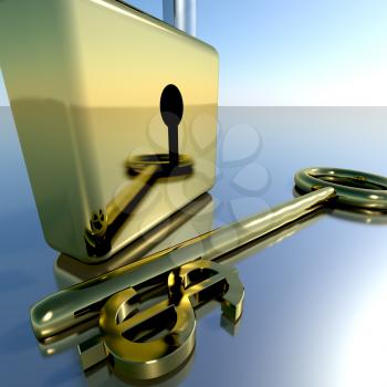 Dollar Key With Padlock Showing Banking Savings And Finances